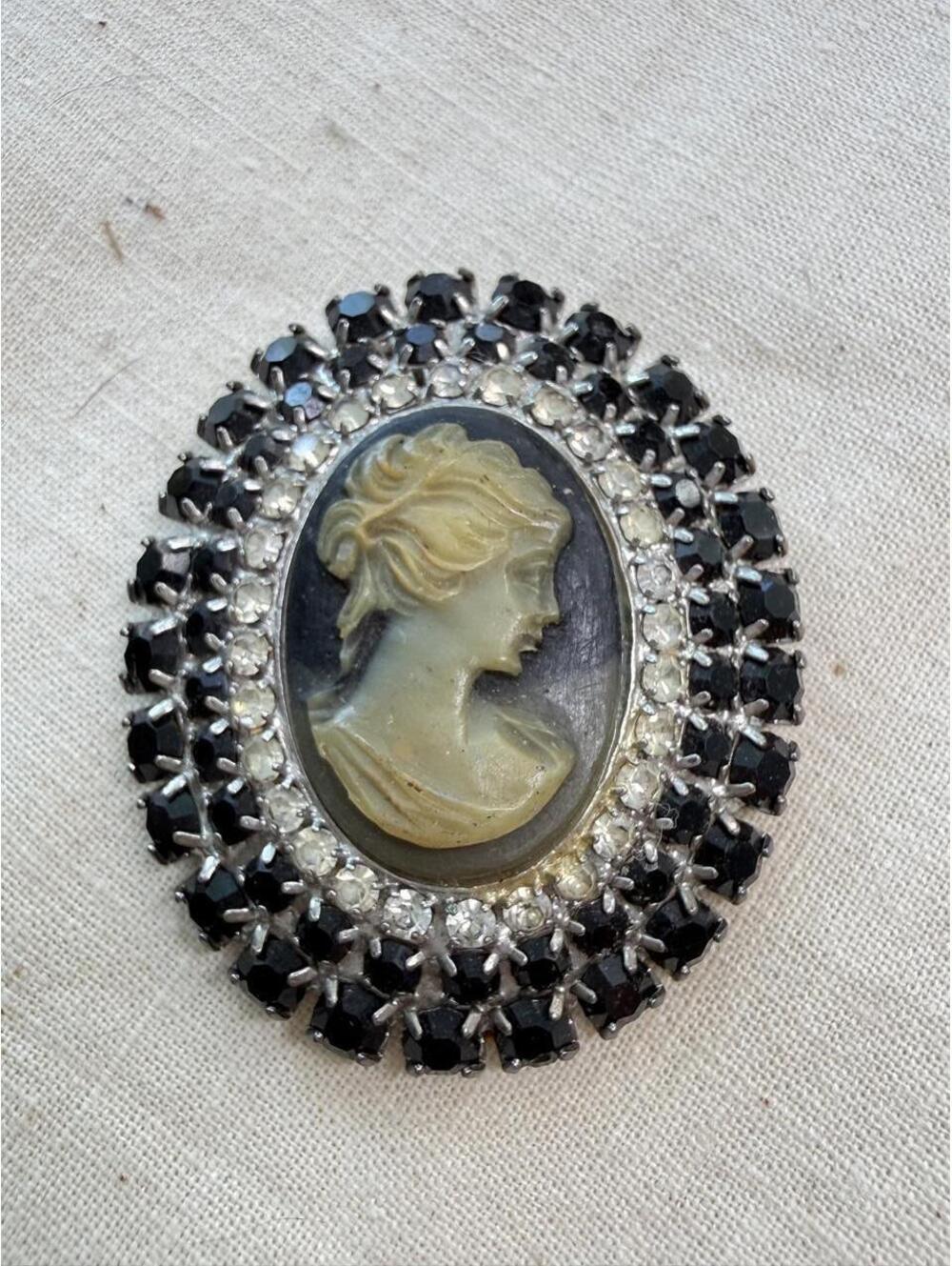 Vintage Black Rhinestone Cameo Brooch Dramatic Gothic Statement Pin